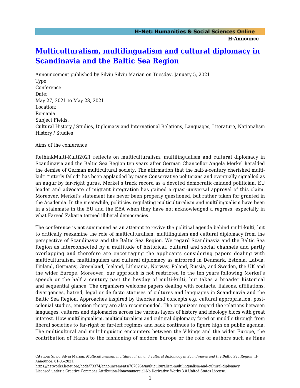Multiculturalism, Multilingualism and Cultural Diplomacy in Scandinavia and the Baltic Sea Region