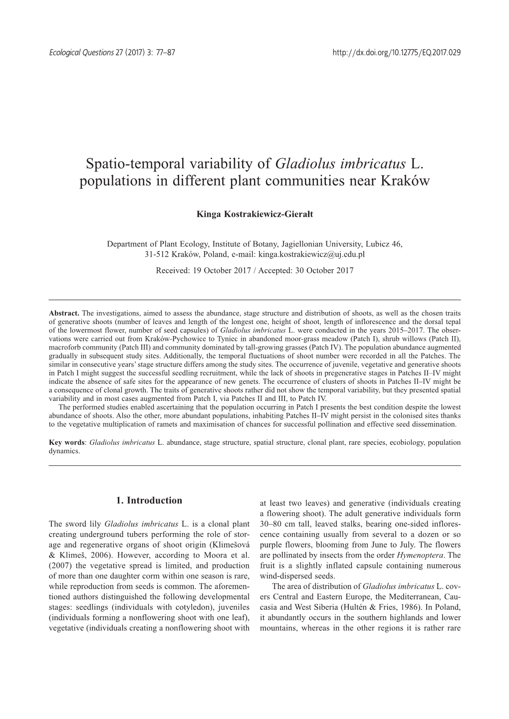 Spatio-Temporal Variability of Gladiolus Imbricatus L. Populations in Different Plant Communities Near Kraków