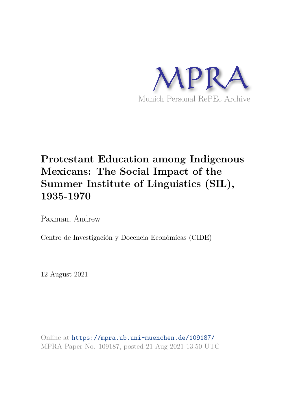 Protestant Education Among Indigenous Mexicans: the Social Impact of the Summer Institute of Linguistics (SIL), 1935-1970