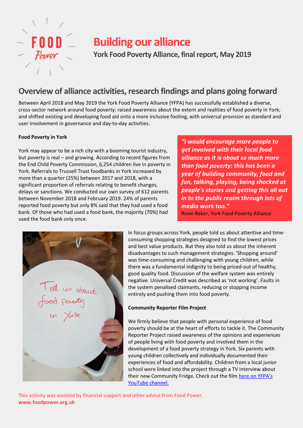 Building Our Alliance York Food Poverty Alliance, Final Report, May 2019