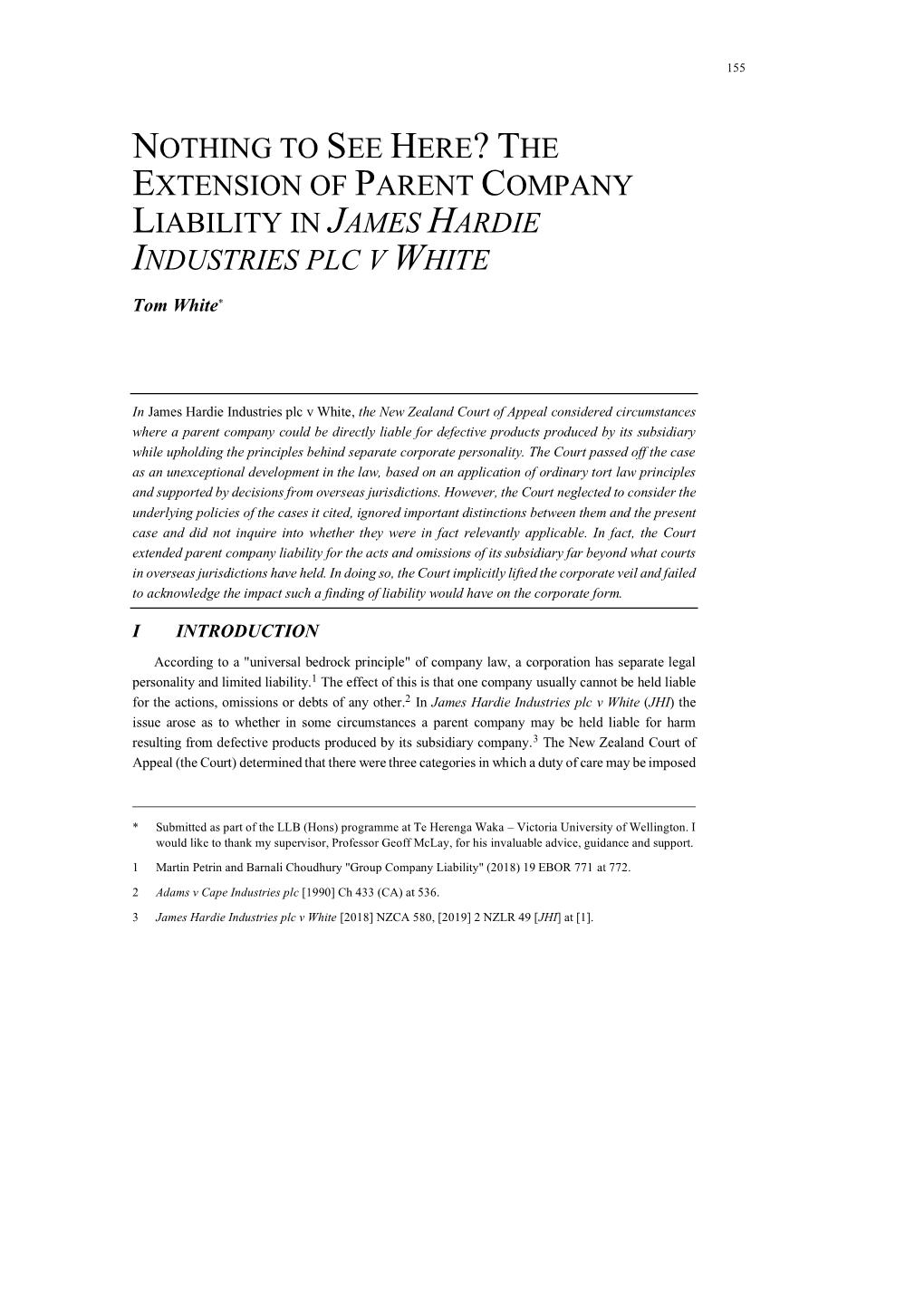 The Extension of Parent Company Liability in James Hardie Industries Plc V White