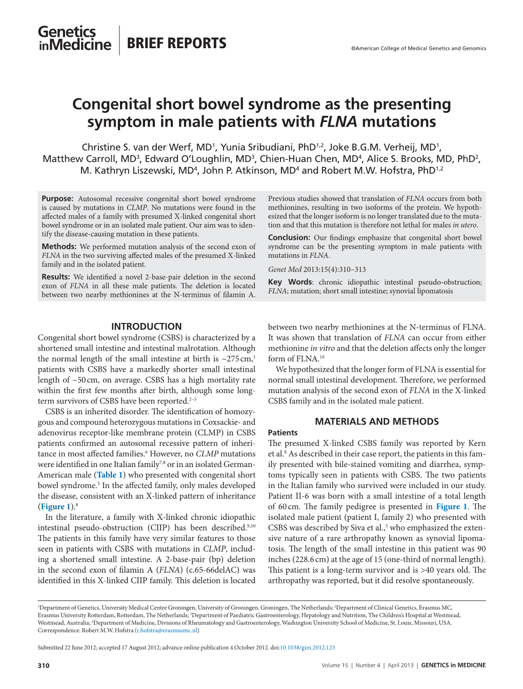 Congenital Short Bowel Syndrome As the Presenting Symptom in Male Patients with FLNA Mutations