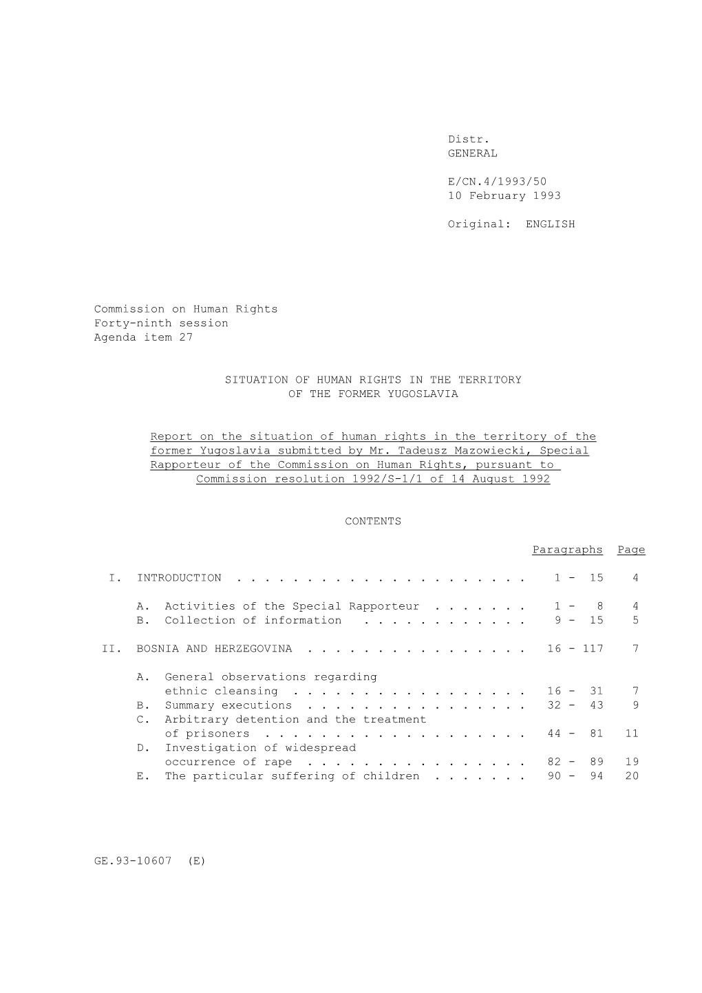 Situation of Human Rights in the Territory of the Former Yugoslavia