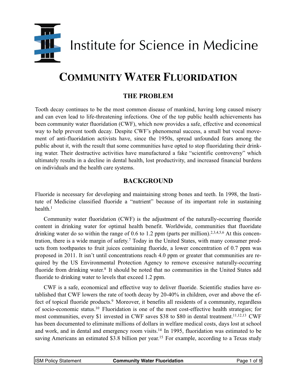 Institute of Science and Medicine Fluoridation Policy