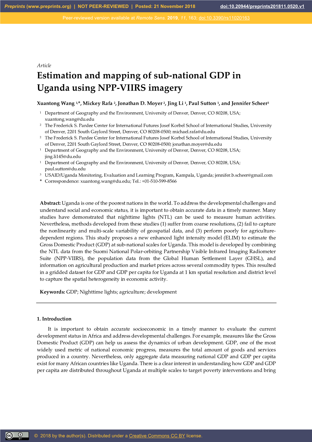 Estimation and Mapping of Sub-National GDP in Uganda Using NPP-VIIRS Imagery