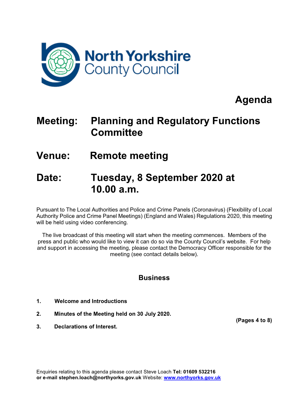 Agenda Meeting: Planning and Regulatory Functions Committee