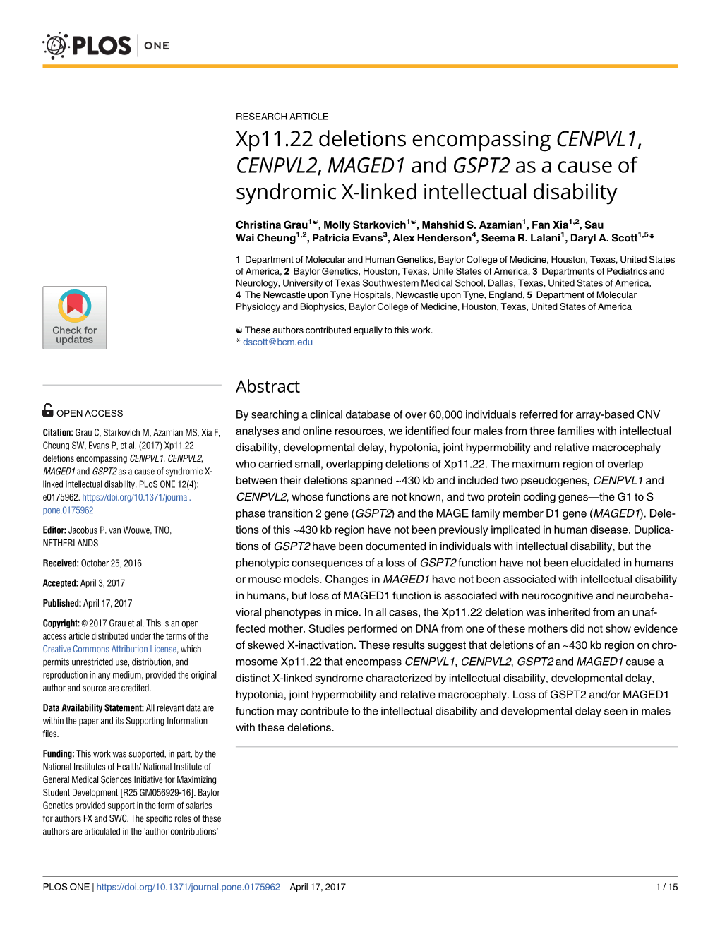 Xp11.22 Deletions Encompassing CENPVL1, CENPVL2, MAGED1 and GSPT2 As a Cause of Syndromic X-Linked Intellectual Disability