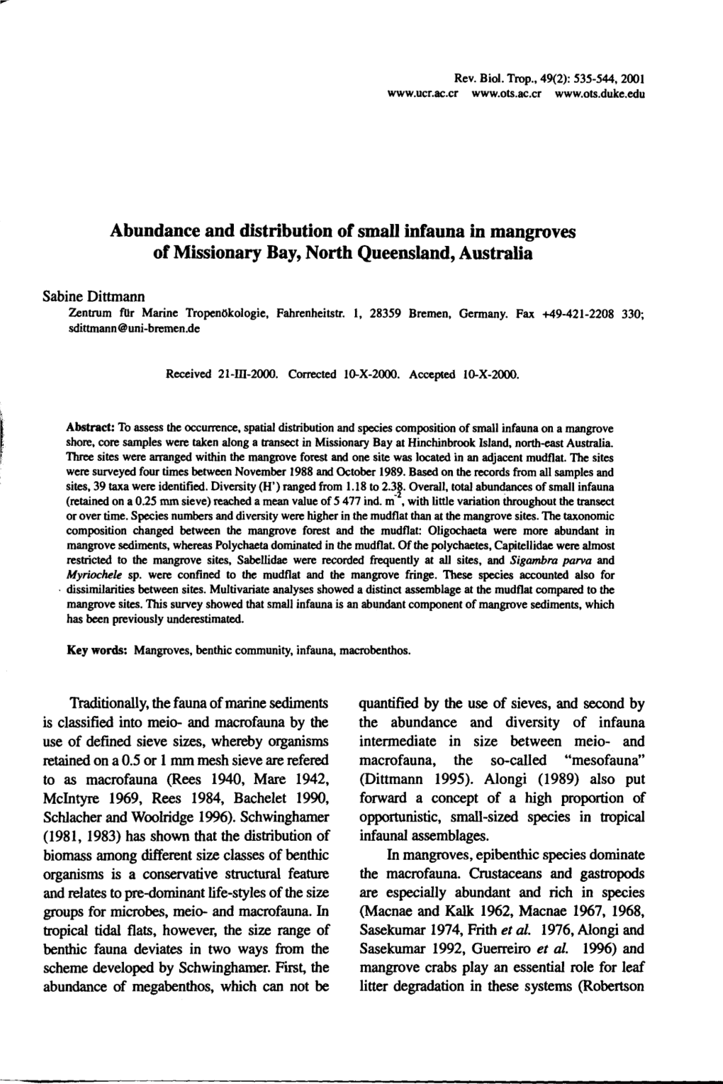 Abondance and Distribution of Small Infauna in Mangroves of Missionary Bay, North Queensland, Australia