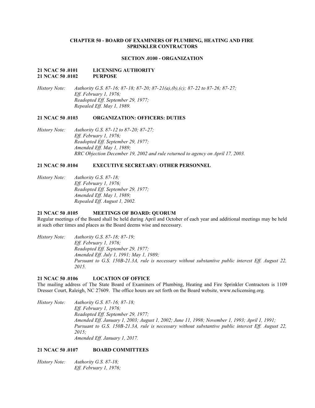 Chapter 50 Board of Examiners of Plumbing, Heating and Fire