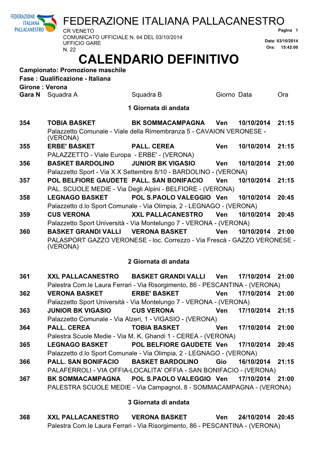 CALENDARIO DEFINITIVO Campionato: Promozione Maschile Fase : Qualificazione - Italiana Girone : Verona Gara N Squadra a Squadra B Giorno Data Ora