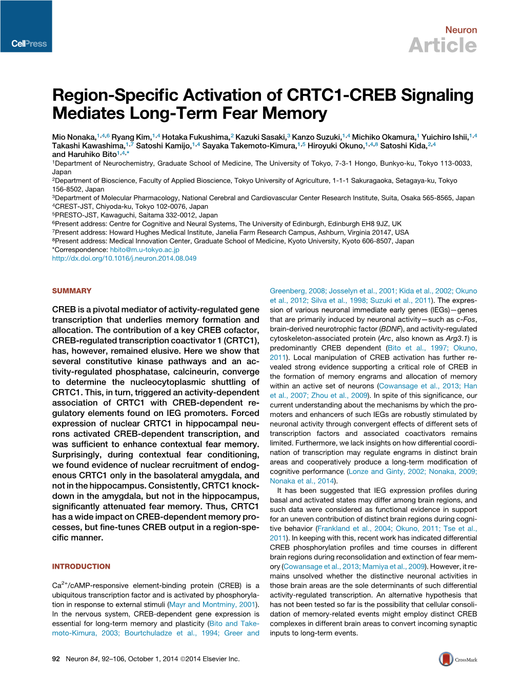 Region-Specific Activation of CRTC1-CREB Signaling Mediates