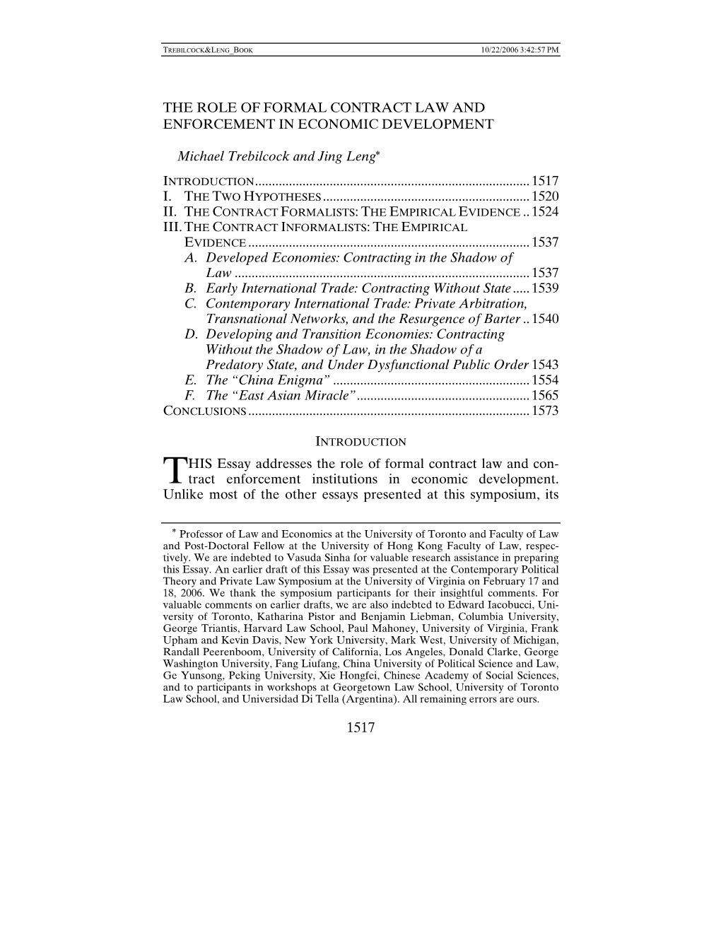 The Role of Formal Contract Law and Enforcement in Economic Development