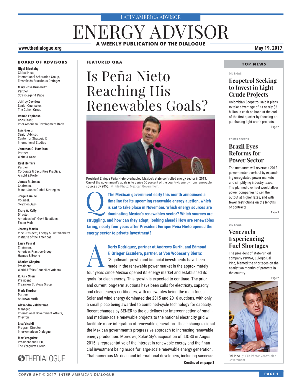 ENERGY ADVISOR a WEEKLY PUBLICATION of the DIALOGUE May 19, 2017