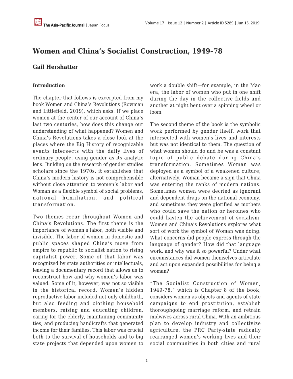 Women and China's Socialist Construction, 1949–78