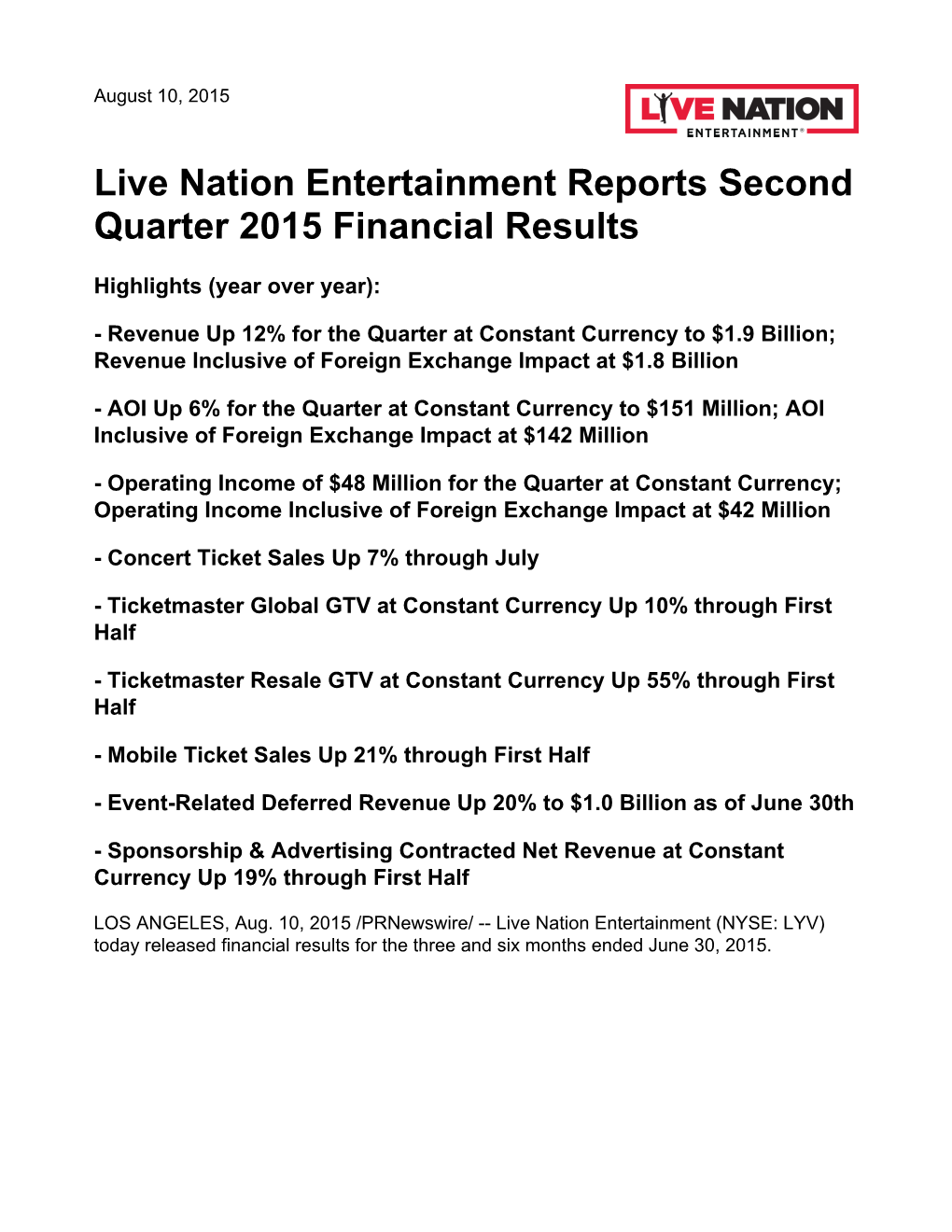 Live Nation Entertainment Reports Second Quarter 2015 Financial Results