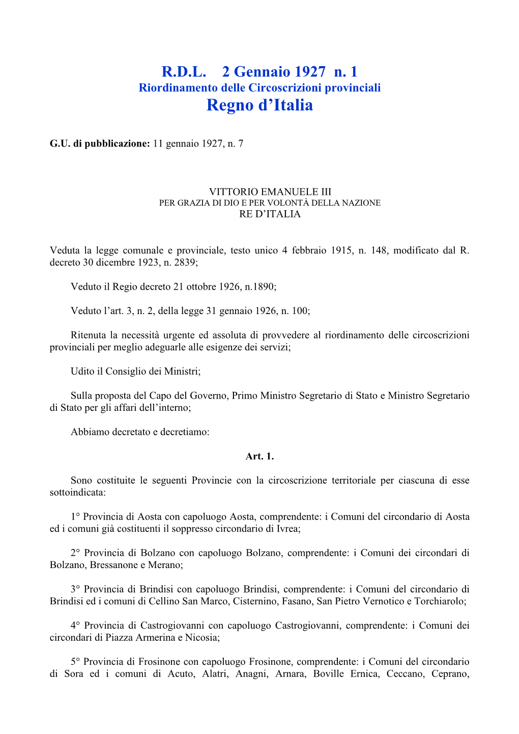 Regio Decreto Legislativo N. 1/1927