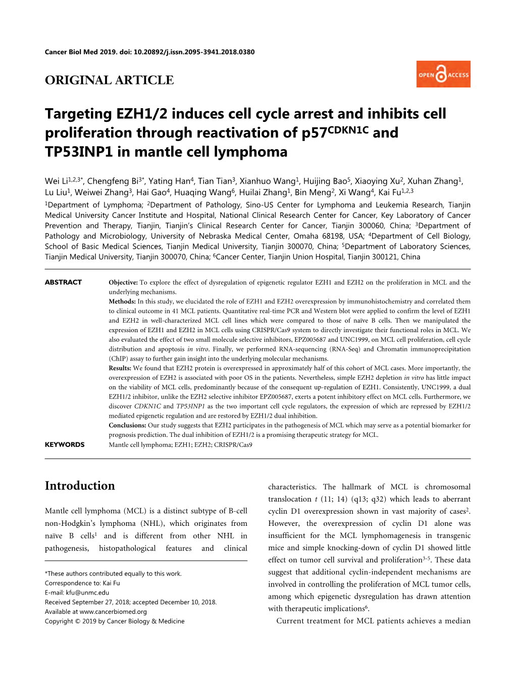 Targeting EZH1/2 Induces Cell Cycle Arrest and Inhibits Cell Proliferation Through Reactivation of P57cdkn1c and TP53INP1 in Mantle Cell Lymphoma