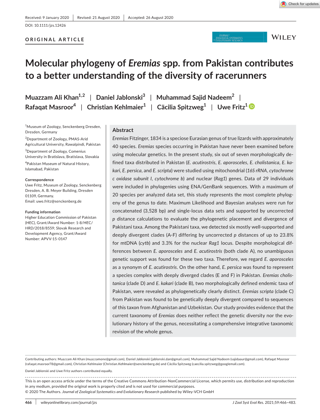 Molecular Phylogeny of Eremias Spp. from Pakistan Contributes to a Better Understanding of the Diversity of Racerunners