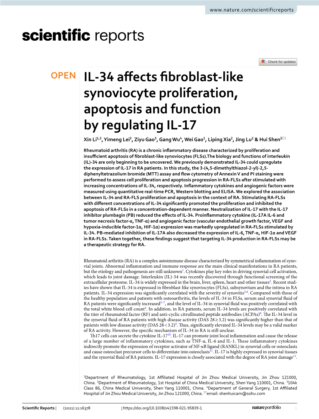 IL-34 Affects Fibroblast-Like Synoviocyte Proliferation, Apoptosis And