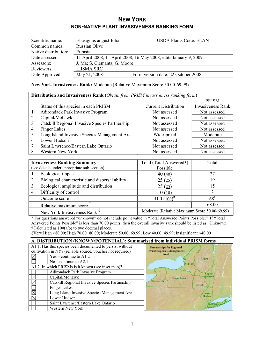 New York Non-Native Plant Invasiveness Ranking Form