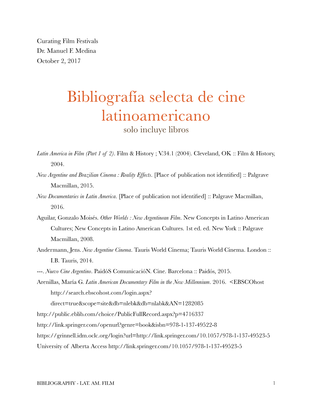 Bibliografía Selecta De Cine Latinoamericano Solo Incluye Libros