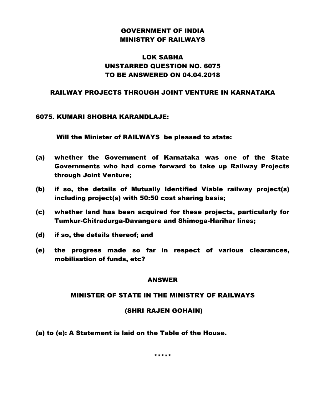 Government of India Ministry of Railways Lok Sabha