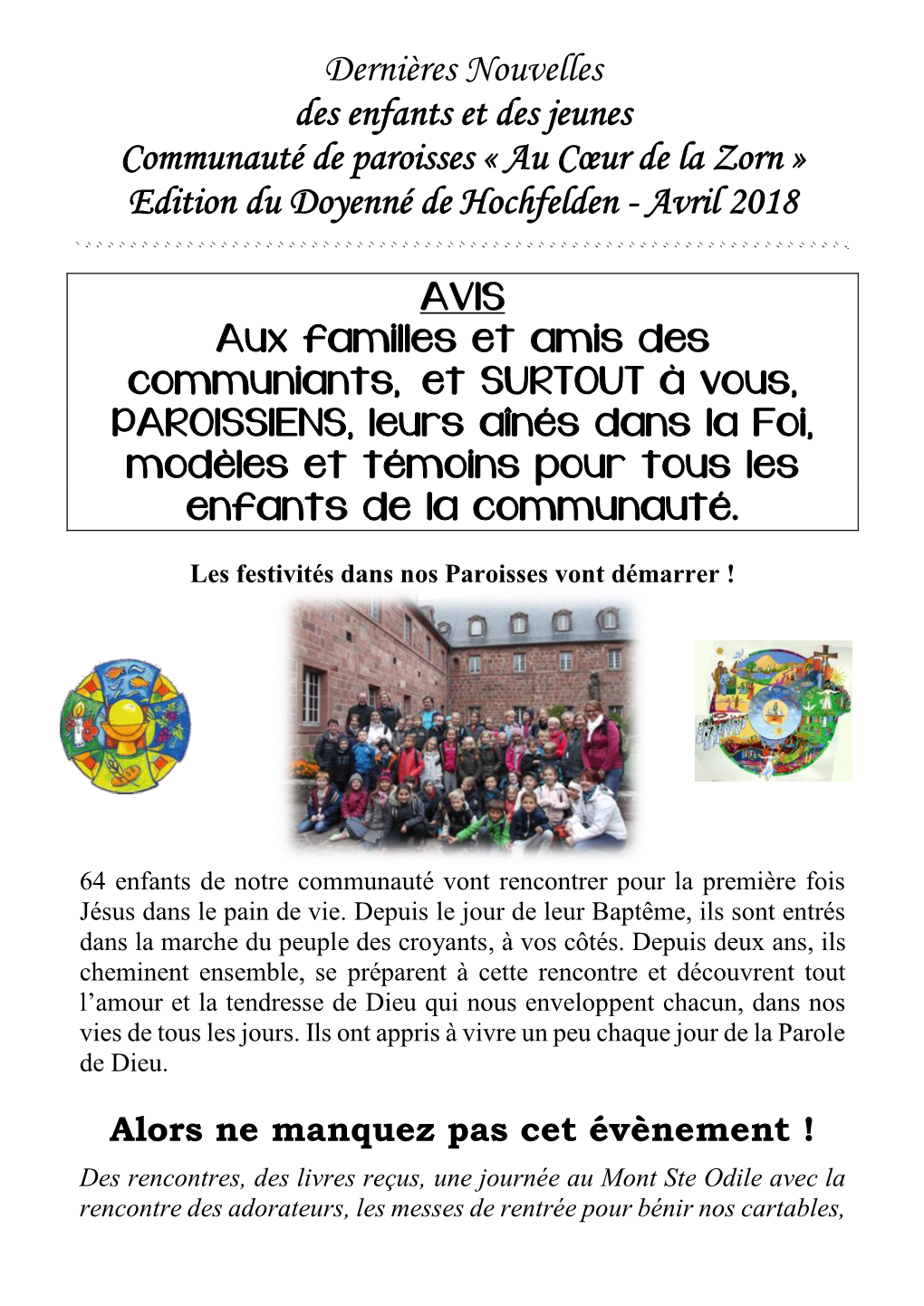 Dernières Nouvelles Des Enfants Et Des Jeunes Communauté De Paroisses « Au Cœur De La Zorn » Edition Du Doyenné De Hochfelden - Avril 2018