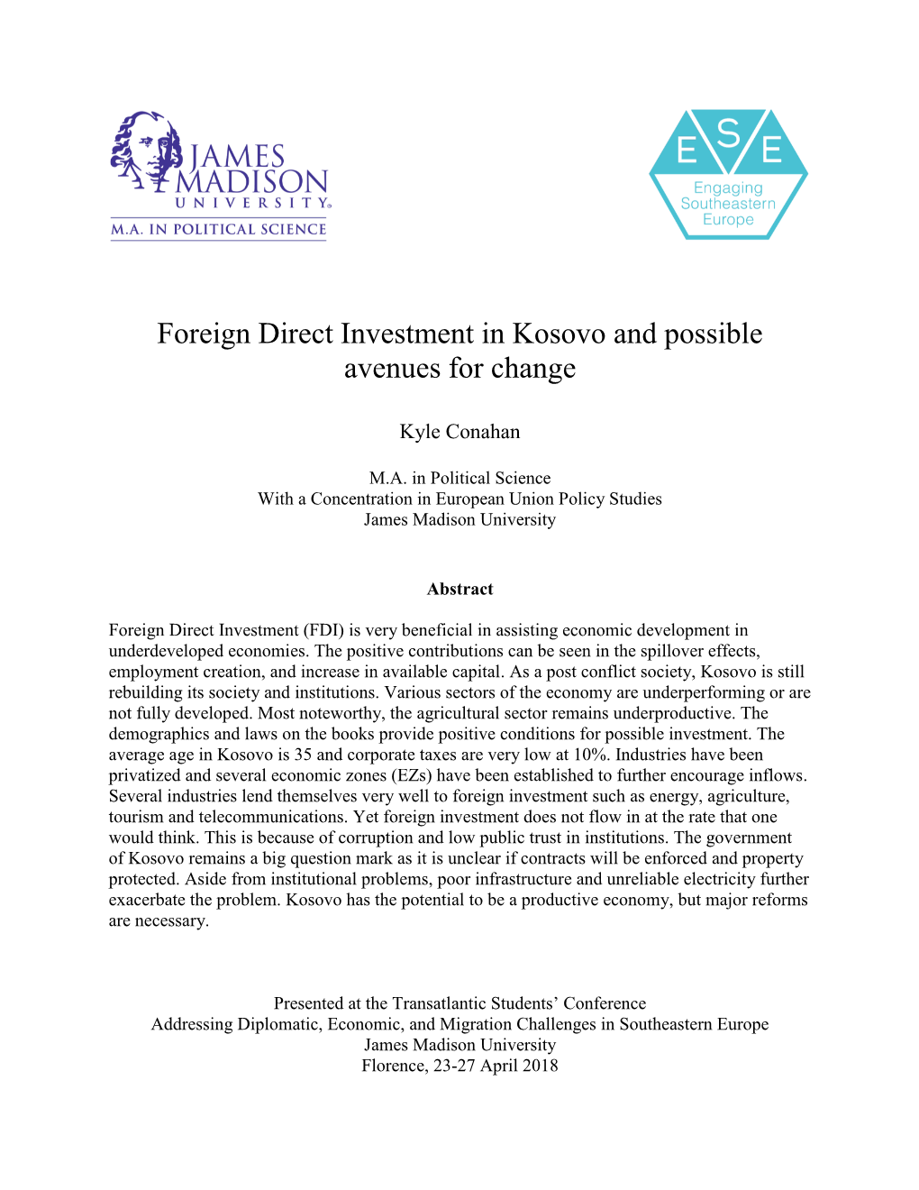 Foreign Direct Investment in Kosovo and Possible Avenues for Change