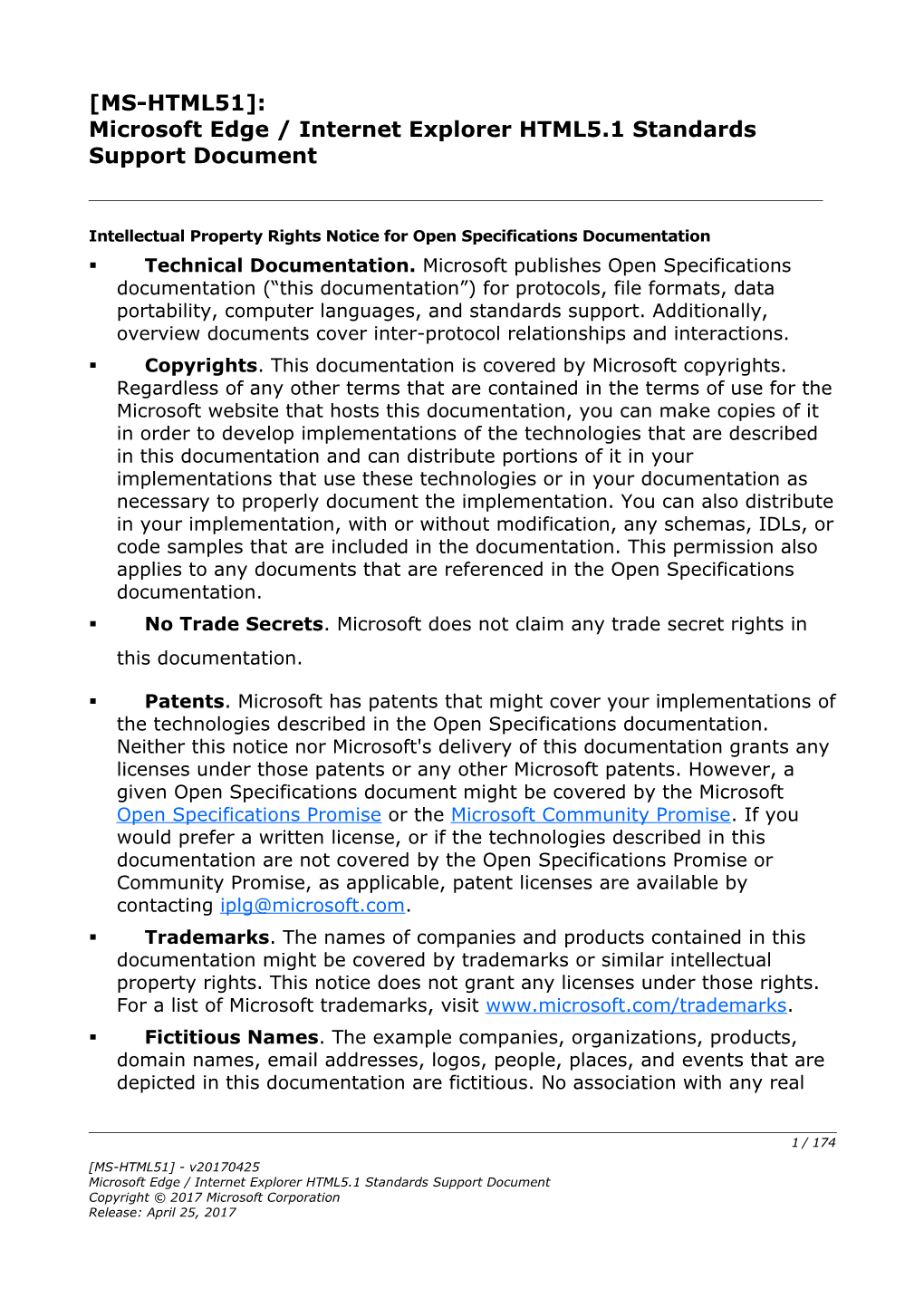 Microsoft Edge / Internet Explorer HTML5.1 Standards Support Document