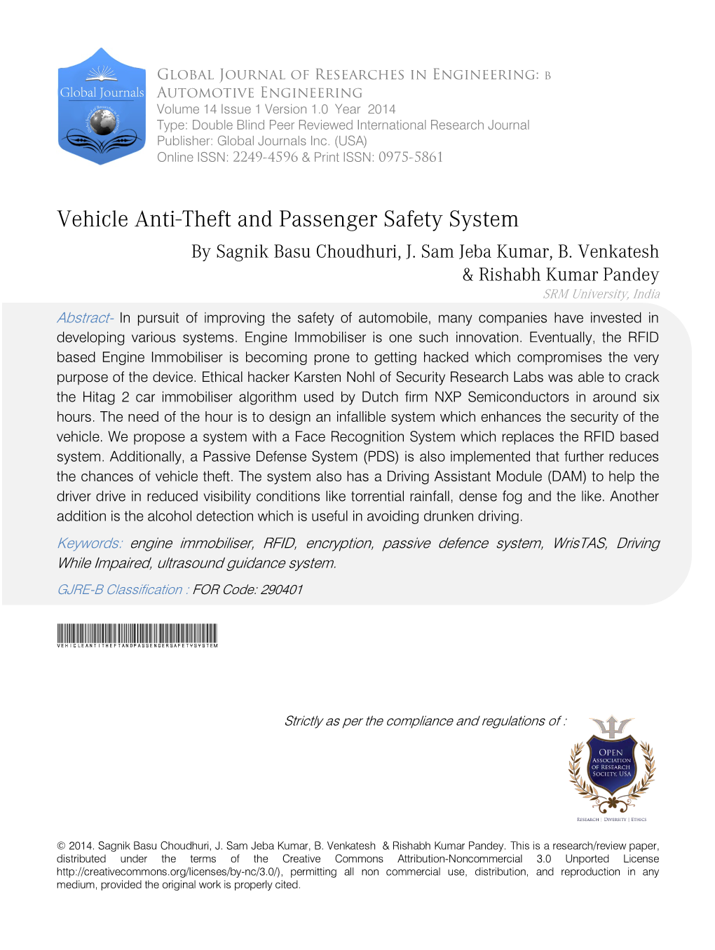 Vehicle Anti-Theft and Passenger Safety System by Sagnik Basu Choudhuri, J