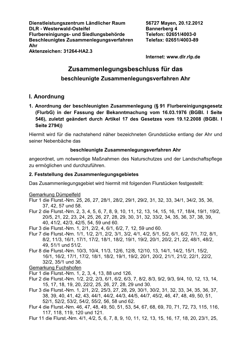 Zusammenlegungsbeschluss Für Das Beschleunigte Zusammenlegungsverfahren Ahr