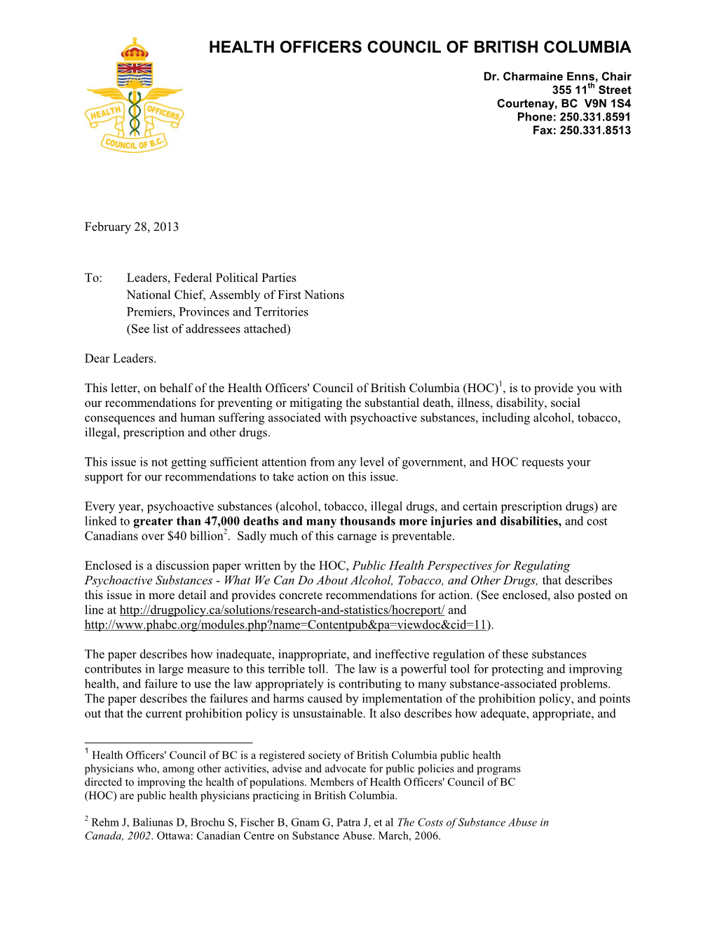 BC Health Officers Council Letter to Leaders