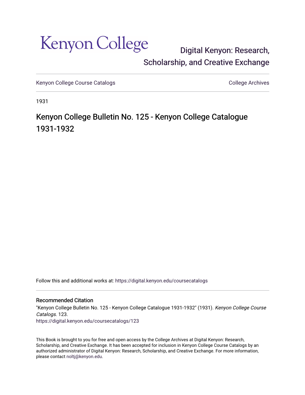 Kenyon College Bulletin No. 125 - Kenyon College Catalogue 1931-1932