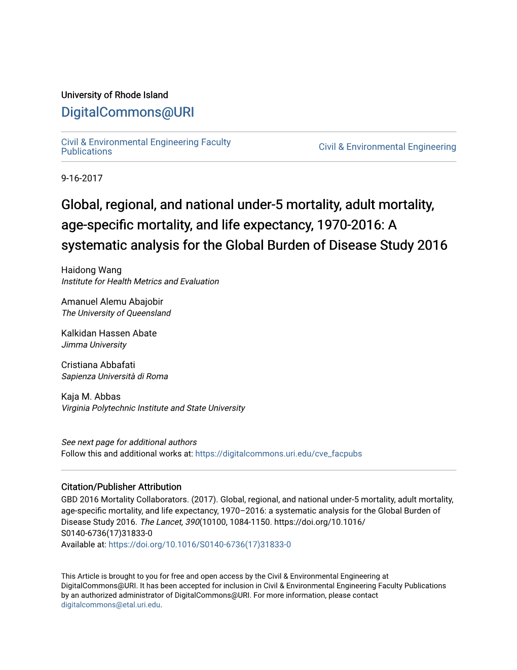 Global, Regional, and National Under-5 Mortality, Adult Mortality