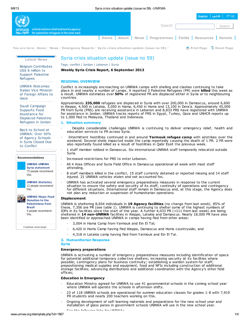 Syria Crisis Situation Update (Issue No 59) -UNRWA