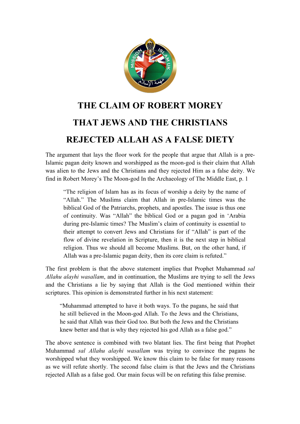 The Claim of Robert Morey That Jews and the Christians Rejected Allah As a False Diety