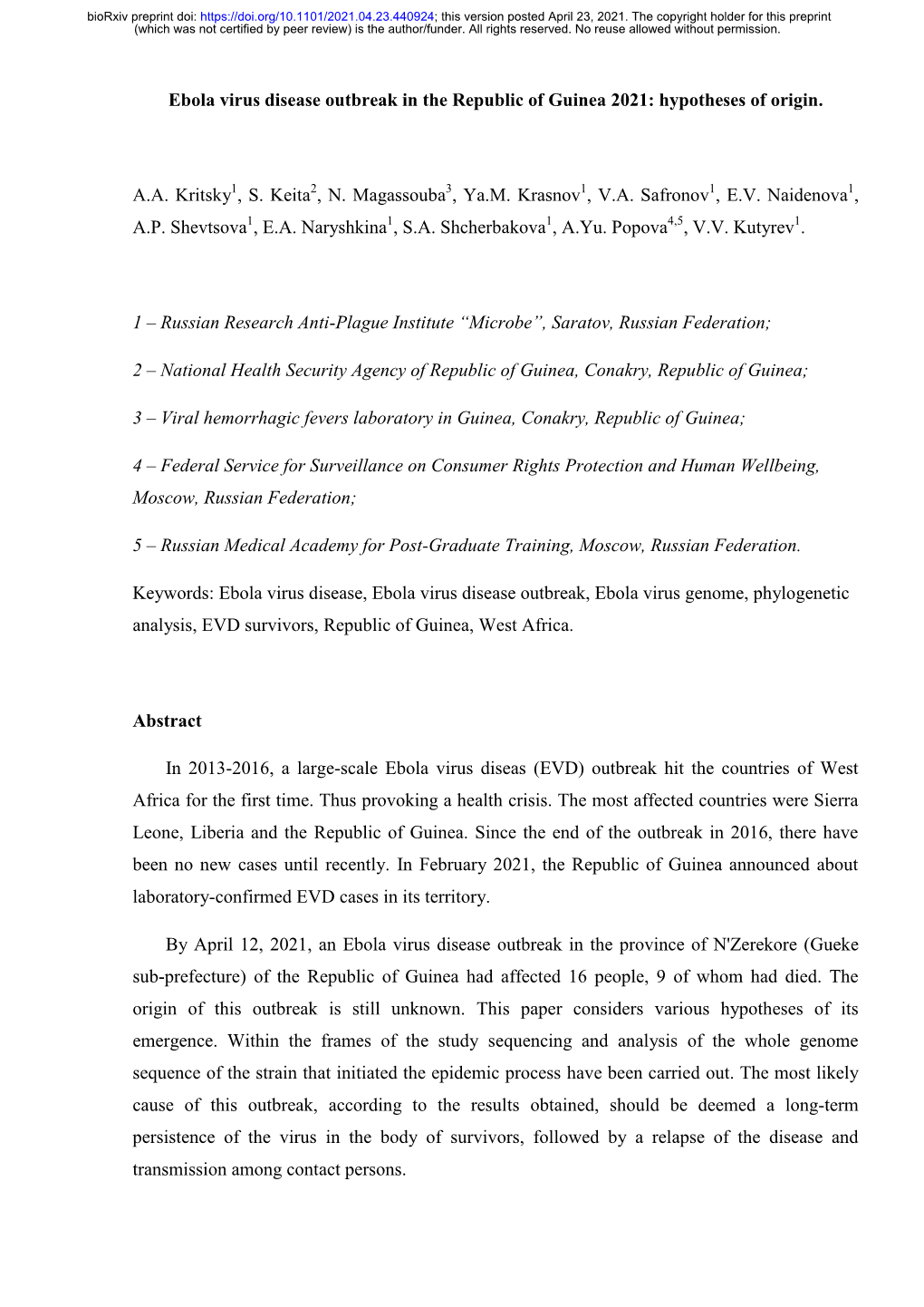 Ebola Virus Disease Outbreak in the Republic of Guinea 2021: Hypotheses of Origin