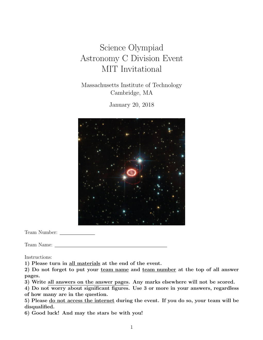 2018 MIT Science Olympiad Invitational Astronomy Test