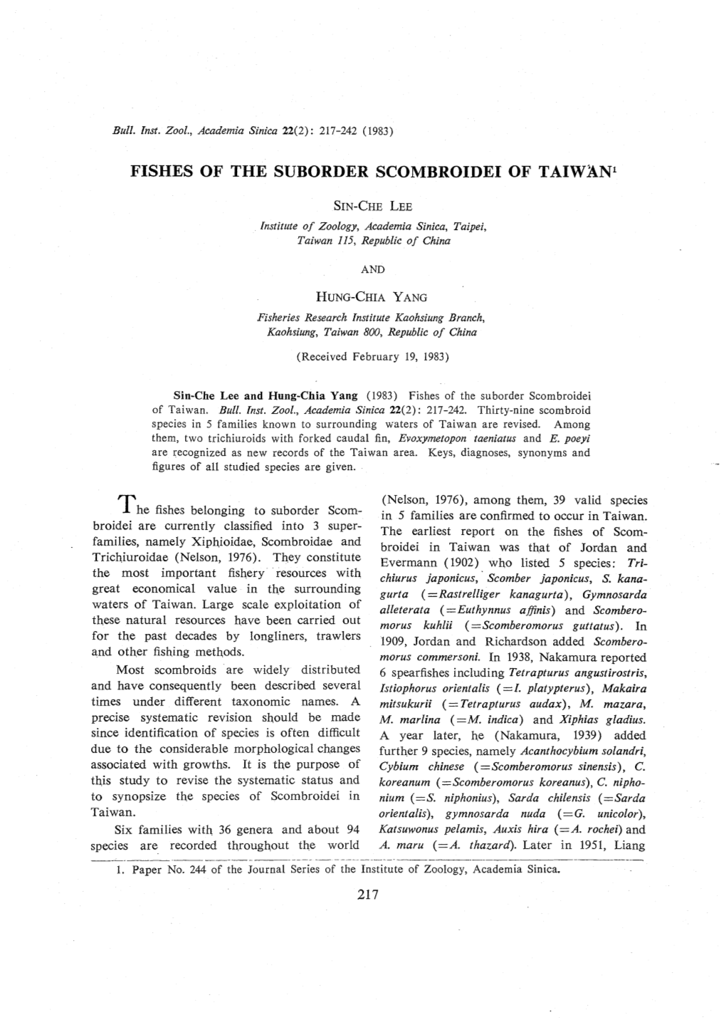 Fishes of the Suborder Scombroidei of Taiwan