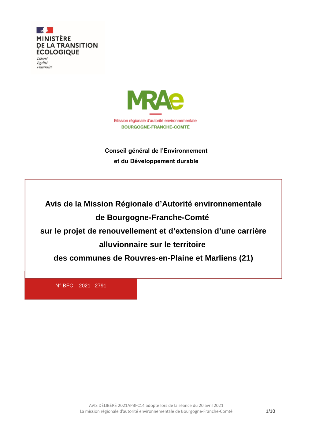 Avis De La Mission Régionale D'autorité Environnementale De