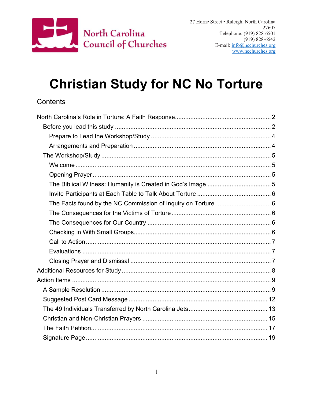 Christian Study for NC No Torture Contents