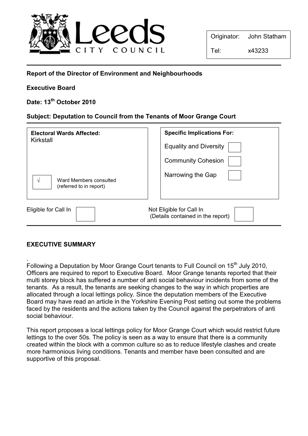 Deputation to Council from the Tenants of Moor Grange Court