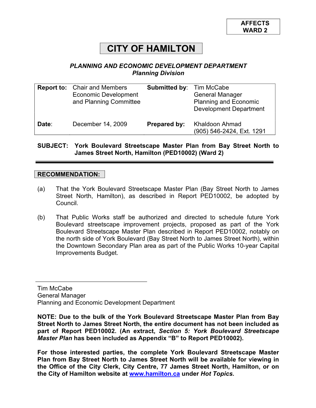 York Boulevard Streetscape Master Plan from Bay Street North to James Street North, Hamilton (PED10002) (Ward 2)