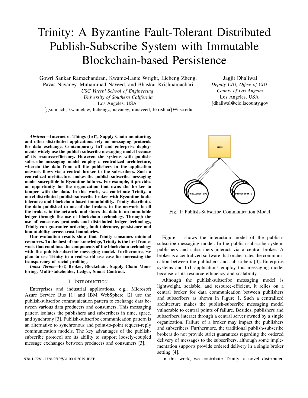 Trinity: a Byzantine Fault-Tolerant Distributed Publish-Subscribe System with Immutable Blockchain-Based Persistence