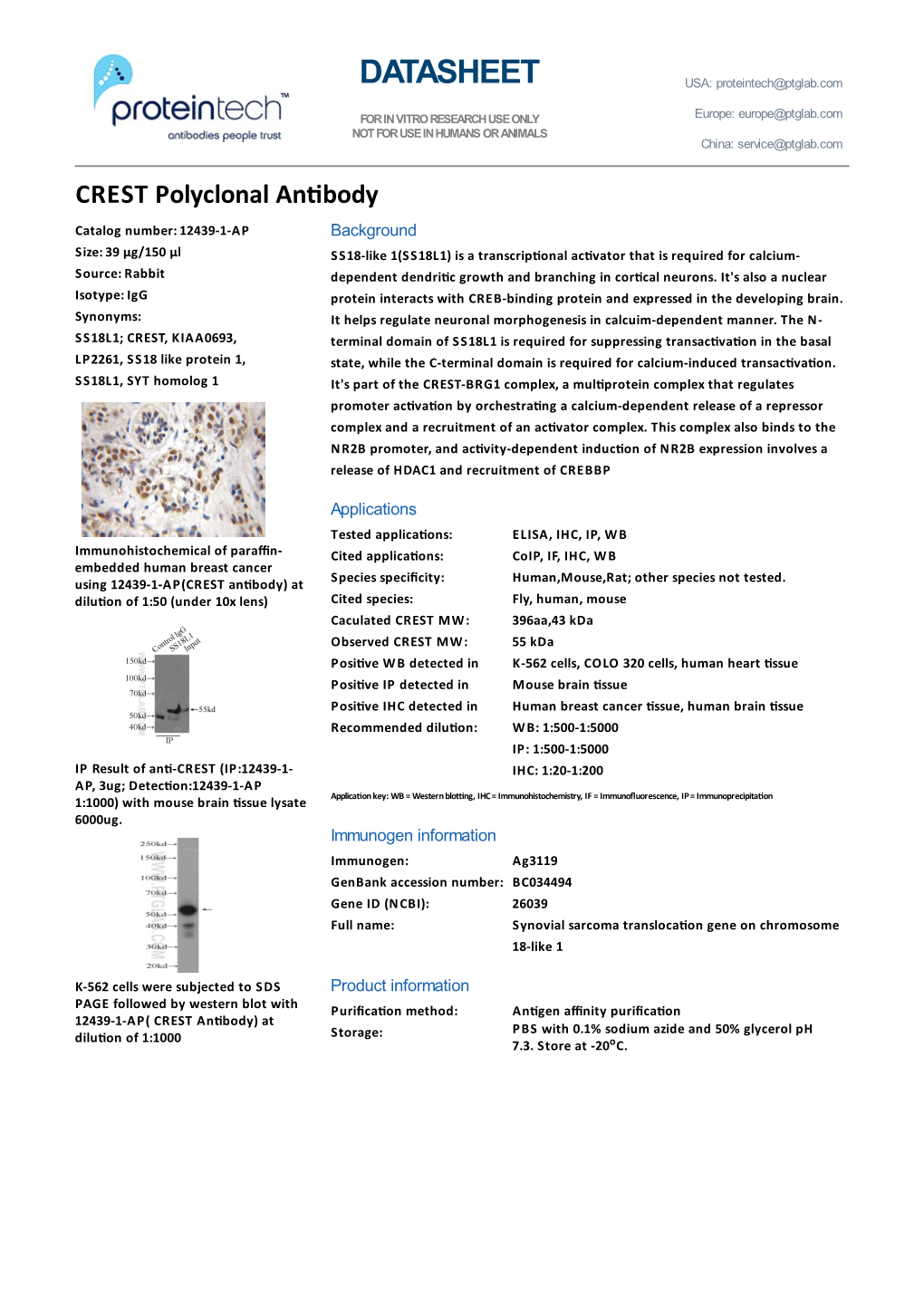 DATASHEET USA: Proteintech@Ptglab.Com