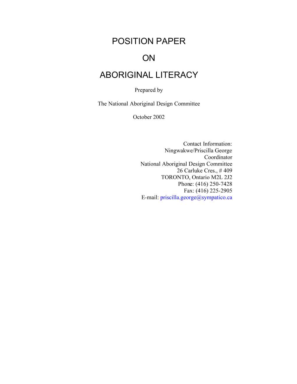 Position Paper on Aboriginal Literacy