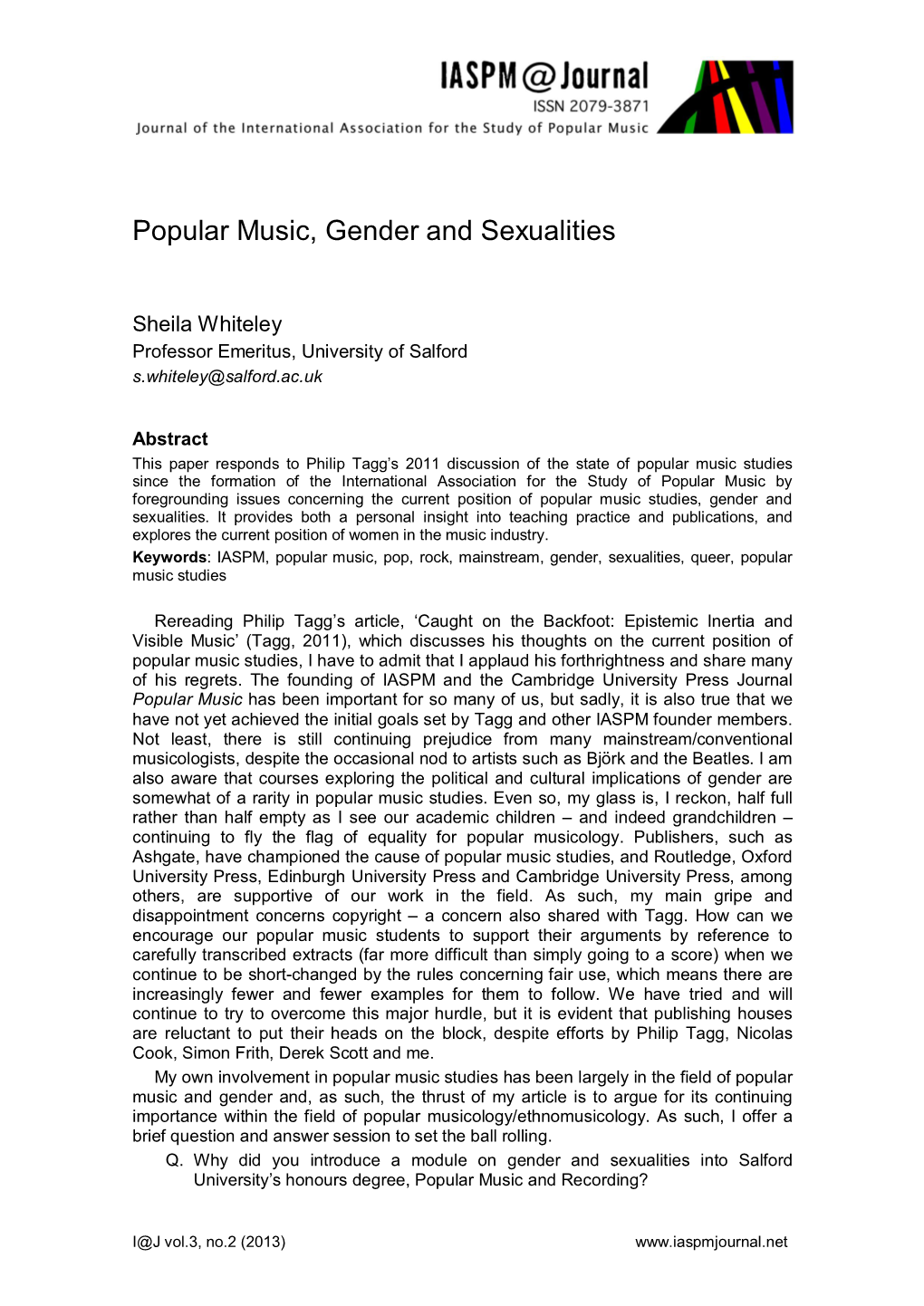 Popular Music, Gender and Sexualities