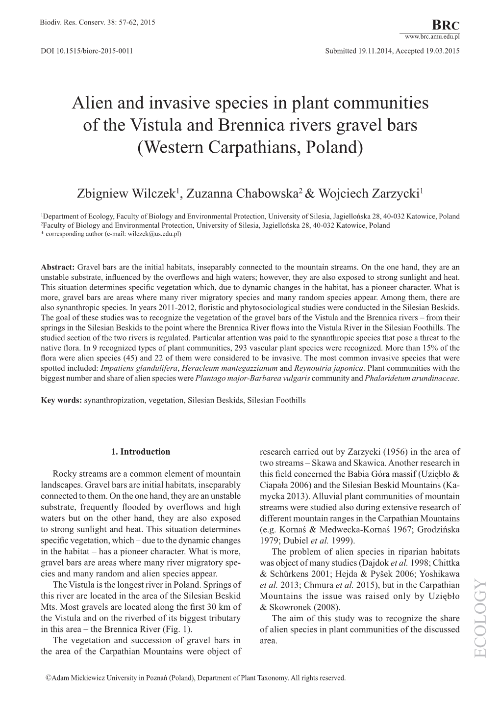 Alien and Invasive Species in Plant Communities of the Vistula and Brennica Rivers Gravel Bars (Western Carpathians, Poland)