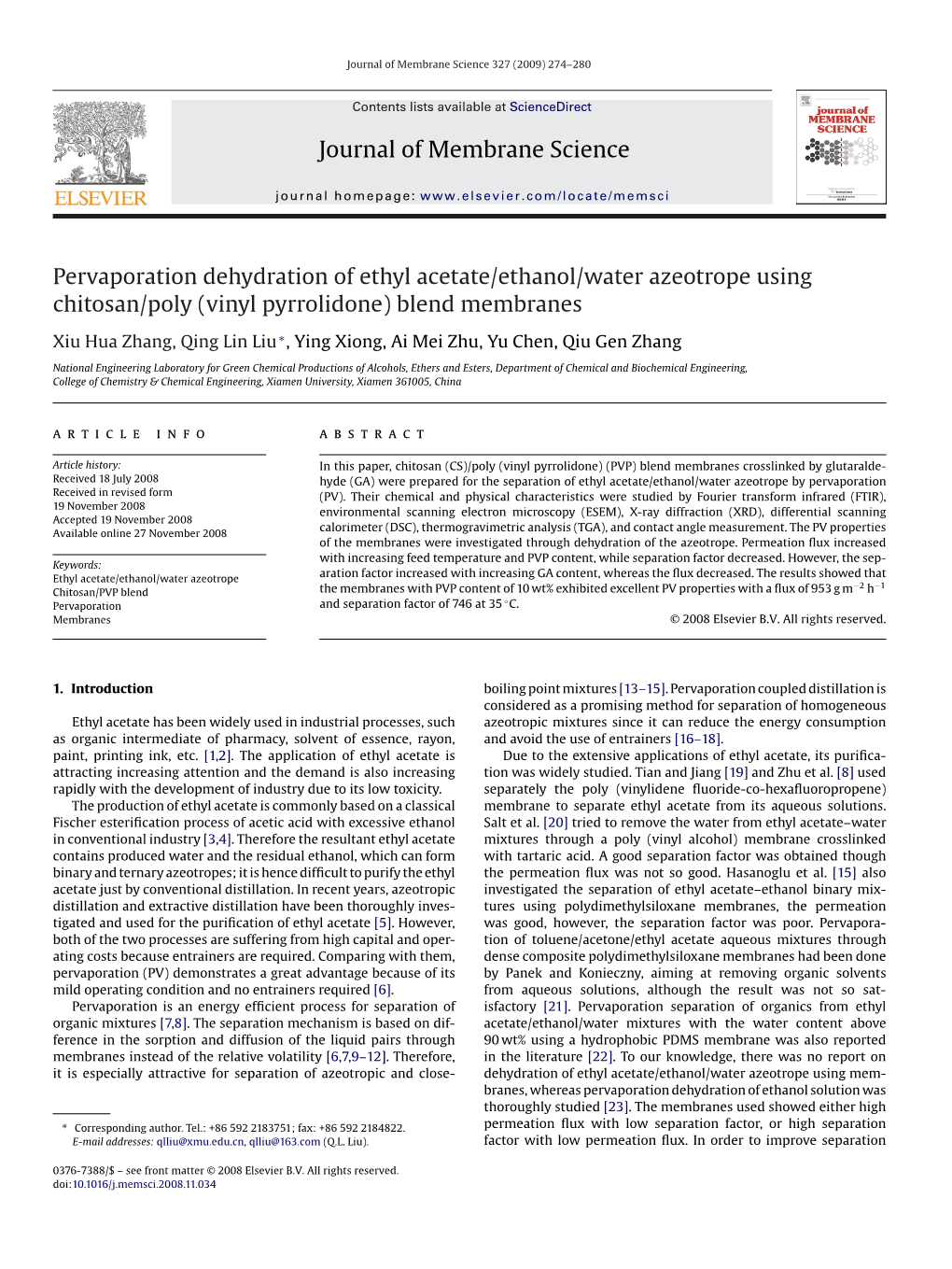 Journal of Membrane Science Pervaporation Dehydration of Ethyl