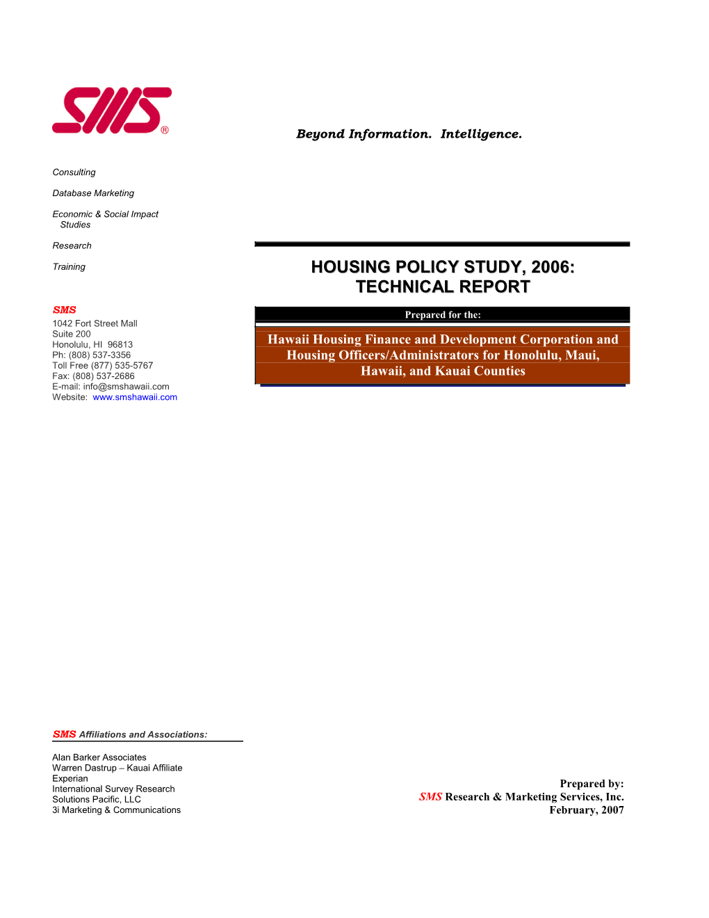 SMS Hawaii Housing Policy 2006 Technical Data